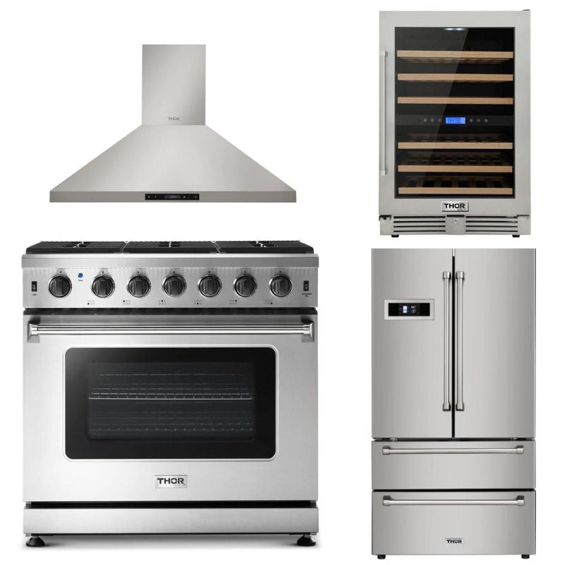 Thor Kitchen Appliance Package - 36 in. Gas Range, Range Hood, Refrigerator, Wine Cooler - HRH-LRG3601U-WC24 - MyBBQDirect
