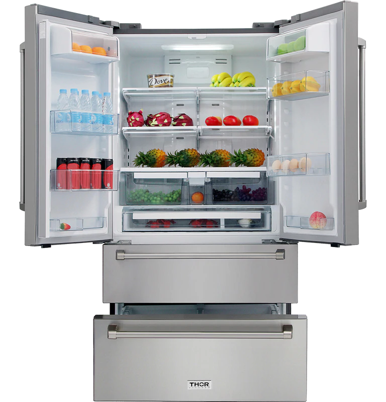 Thor Kitchen Appliance Package - 36 in. Gas Range, Range Hood, Refrigerator, Wine Cooler - HRH-LRG3601U-WC24 - MyBBQDirect