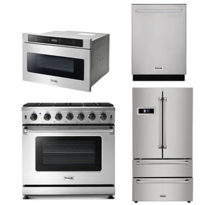 Thor Kitchen Appliance Package - 36 in. Gas Range, Refrigerator, Dishwasher, Microwave Drawer -  TMD-HDW2401SS-2401 - MyBBQDirect