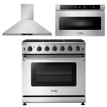 Thor Kitchen Appliance Package - 36 in. Natural Gas Range, Range Hood, Microwave Drawer