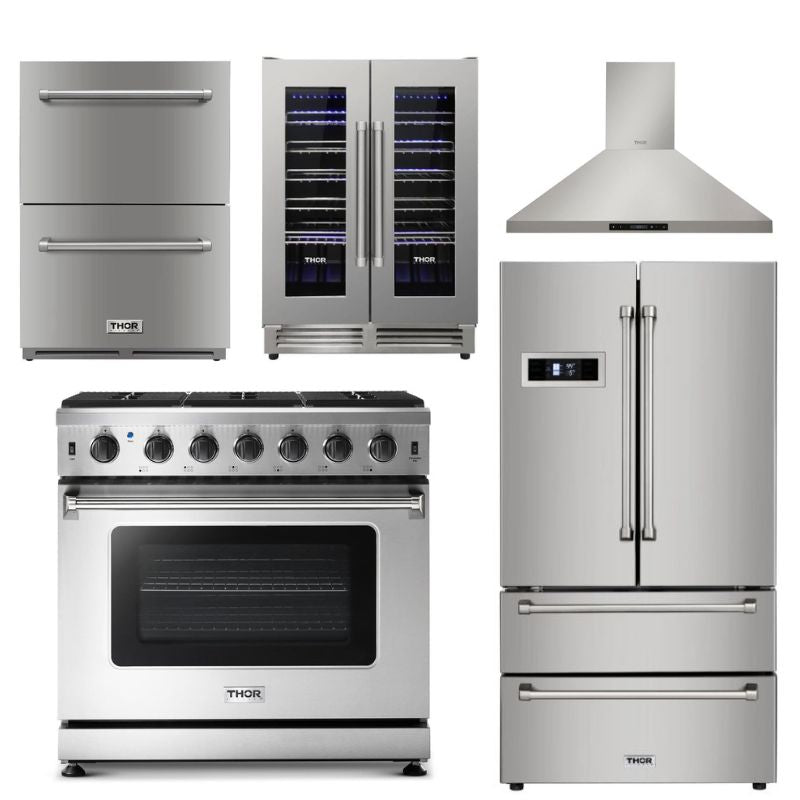 Thor Kitchen Appliance Package - 36 in. Natural Gas Range, Range Hood, Refrigerator, Double Drawer Refrigerator, Wine Cooler - TRF-LRG3601U - MyBBQDirect