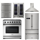 Thor Kitchen Appliance Package - 36 in. Natural Gas Range, Range Hood, Refrigerator, Double Drawer Refrigerator, Wine Cooler - TRF-LRG3601U