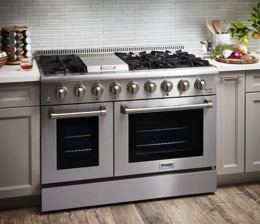 Thor Kitchen Appliance Package - 48 in. Gas Burner, Electric Oven Range and Microwave Drawer - TMD-HRD4803U-2401 - MyBBQDirect