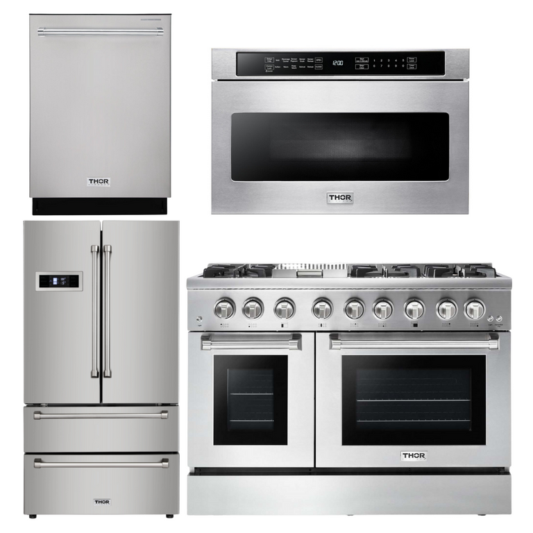 Thor Kitchen Appliance Package - 48 in. Gas Burner/Electric Oven Range, Refrigerator, Dishwasher, Microwave Drawer