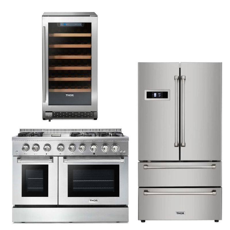 Thor Kitchen Appliance Package - 48 in. Gas Burner/Electric Oven Range, Refrigerator, Wine Cooler - HWC-HRD4803U-5U - MyBBQDirect