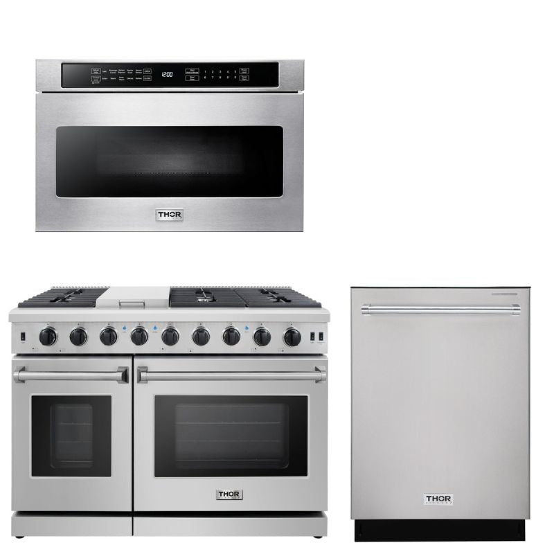Thor Kitchen Appliance Package - 48 in. Gas Range, Dishwasher, Microwave Drawer - HDW-LRG4807U-SS - MyBBQDirect