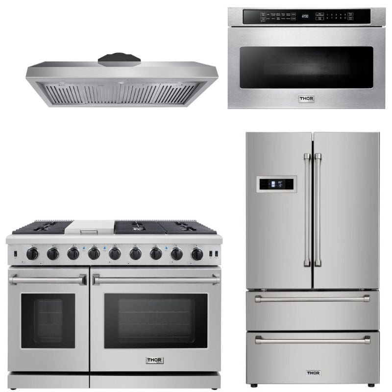 Thor Kitchen Appliance Package - 48 in. Gas Range, Microwave Drawer, Refrigerator, Range Hood - TMD-LRG4807U-2401 - MyBBQDirect