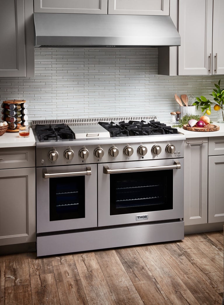 Thor Kitchen Appliance Package - 48 in. Gas Range, Microwave Drawer, Refrigerator, Range Hood - TMD-LRG4807U-2401 - MyBBQDirect
