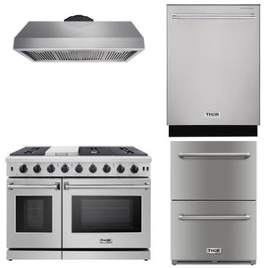 Thor Kitchen Appliance Package - 48 in. Gas Range, Range Hood, Double Drawer Refrigerator, Dishwasher - TRF-LRG4807U-601F - MyBBQDirect