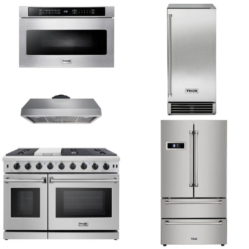 Thor Kitchen Appliance Package - 48 in. Gas Range, Range Hood, Ice Maker, Refrigerator, Microwave Drawer - HRF-TIMLRG4807U-TMD - MyBBQDirect