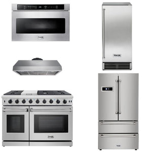 Thor Kitchen Appliance Package - 48 in. Gas Range, Range Hood, Ice Maker, Refrigerator, Microwave Drawer - HRF-TIMLRG4807U-TMD - MyBBQDirect