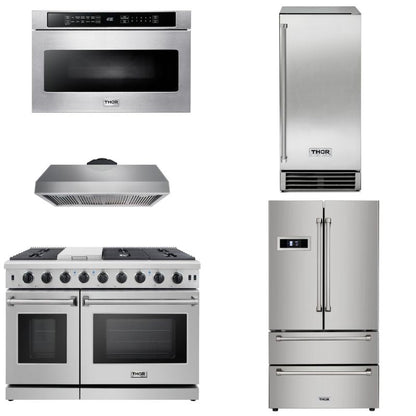 Thor Kitchen Appliance Package - 48 in. Gas Range, Range Hood, Ice Maker, Refrigerator, Microwave Drawer - HRF-TIMLRG4807U-TMD - MyBBQDirect