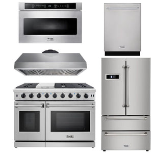 Thor Kitchen Appliance Package - 48 in. Gas Range, Range Hood, Refrigerator, Dishwasher, Wall Oven - HEW-LRG4807U-SS - MyBBQDirect