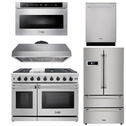 Thor Kitchen Appliance Package - 48 in. Gas Range, Range Hood, Refrigerator, Dishwasher, Wall Oven - HEW-LRG4807U-SS - MyBBQDirect