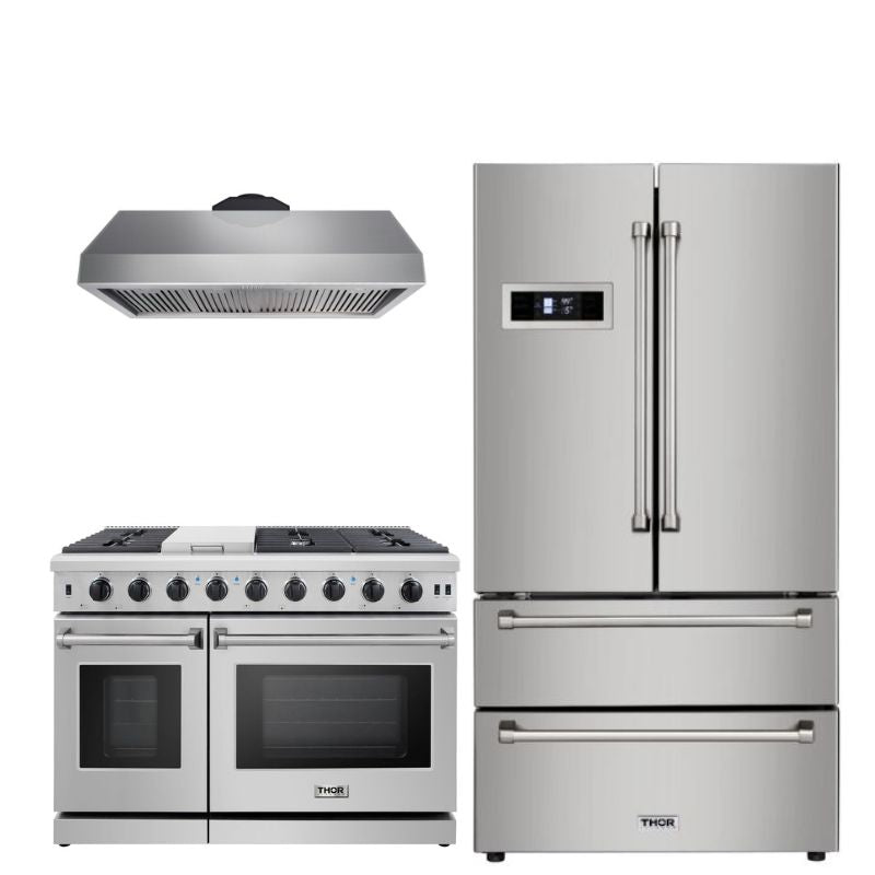 Thor Kitchen Appliance Package - 48 in. Gas Range, Range Hood, Refrigerator - TRH-LRG4807U-4805 - MyBBQDirect