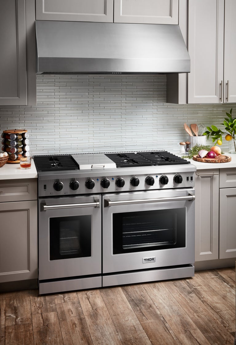 Thor Kitchen Appliance Package - 48 in. Gas Range, Range Hood, Refrigerator - TRH-LRG4807U-4805 - MyBBQDirect