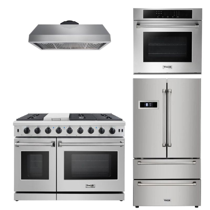 Thor Kitchen Appliance Package - 48 in. Gas Range, Range Hood, Wall Oven, Refrigerator - HEW-LRG4807U-3001 - MyBBQDirect