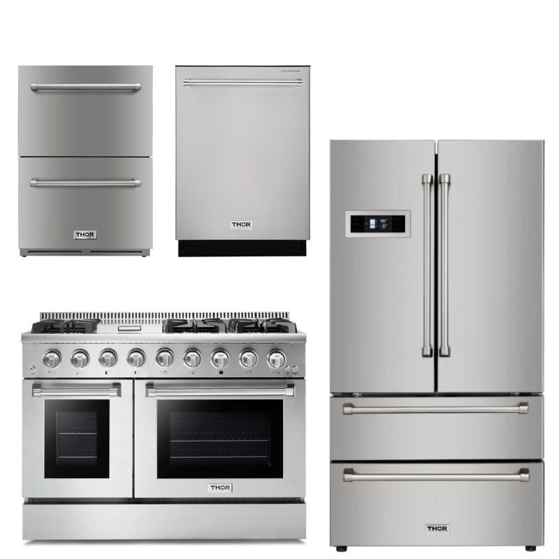 Thor Kitchen Appliance Professional 48 in. Gas Burner/Gas Oven Range, Double Drawer Refrigerator, Refrigerator & Dishwasher Package - TRF-HRG4808U - MyBBQDirect