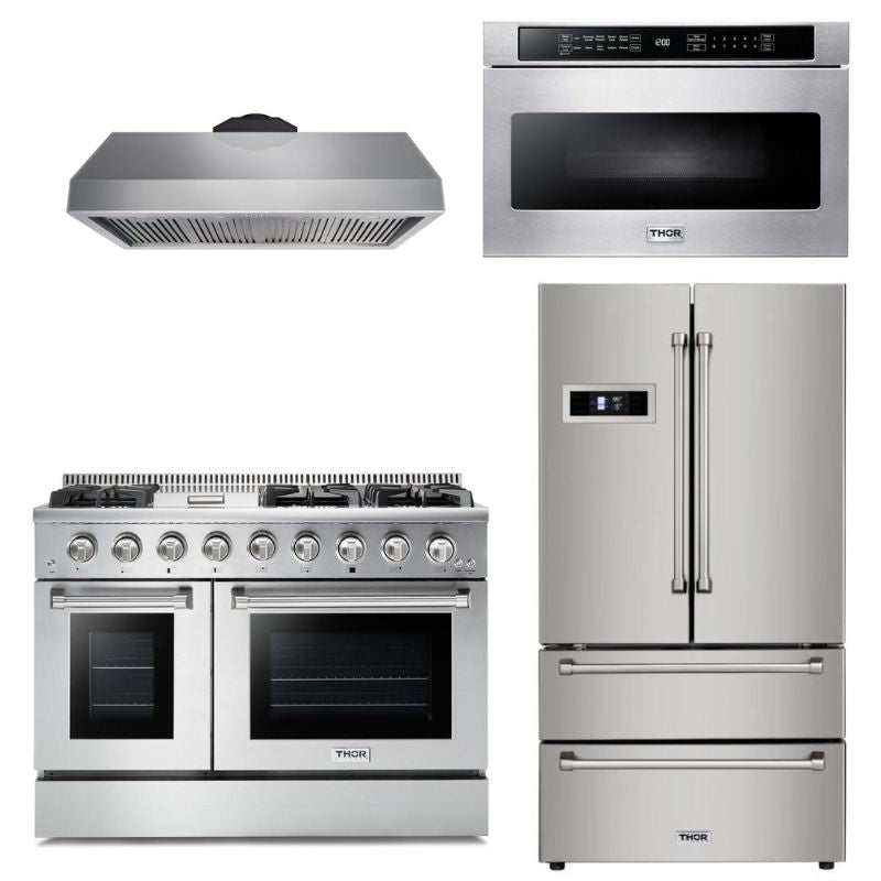 Thor Kitchen Appliance Professional 48 in. Gas Burner/Gas Oven Range, Range Hood, Refrigerator & Microwave Drawer Package - TMD-HRG4808U-2401 - MyBBQDirect