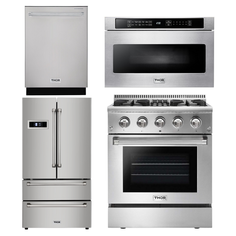 Thor Kitchen Package - 30 in. Gas Burner/Electric Oven Range, Microwave Drawer, Refrigerator, Dishwasher