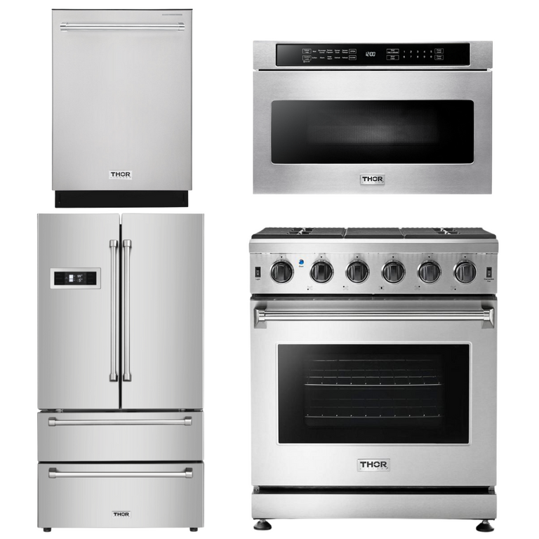 Thor Kitchen Package - 30 in. Gas Range, Microwave Drawer, Refrigerator, Dishwasher