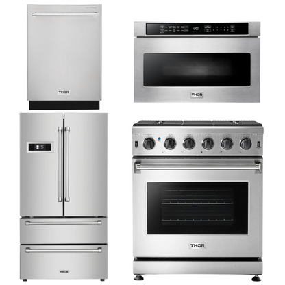 Thor Kitchen Package - 30 in. Gas Range, Microwave Drawer, Refrigerator, Dishwasher