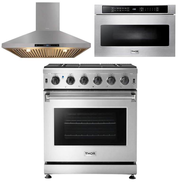 Thor Kitchen Package - 30 in. Gas Range, Range Hood, Microwave Drawer