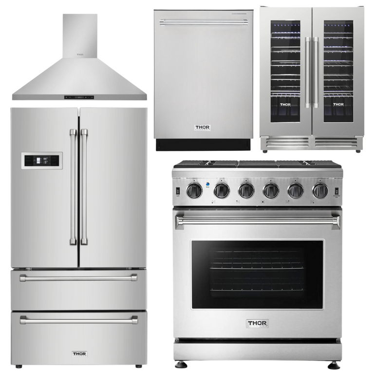 Thor Kitchen Package - 30 in. Gas Range, Range Hood, Refrigerator, Dishwasher, Wine Cooler