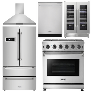 Thor Kitchen Package - 30 in. Gas Range, Range Hood, Refrigerator, Dishwasher, Wine Cooler