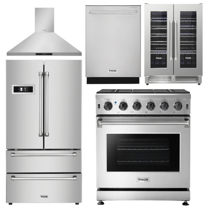 Thor Kitchen Package - 30 in. Gas Range, Range Hood, Refrigerator, Dishwasher, Wine Cooler