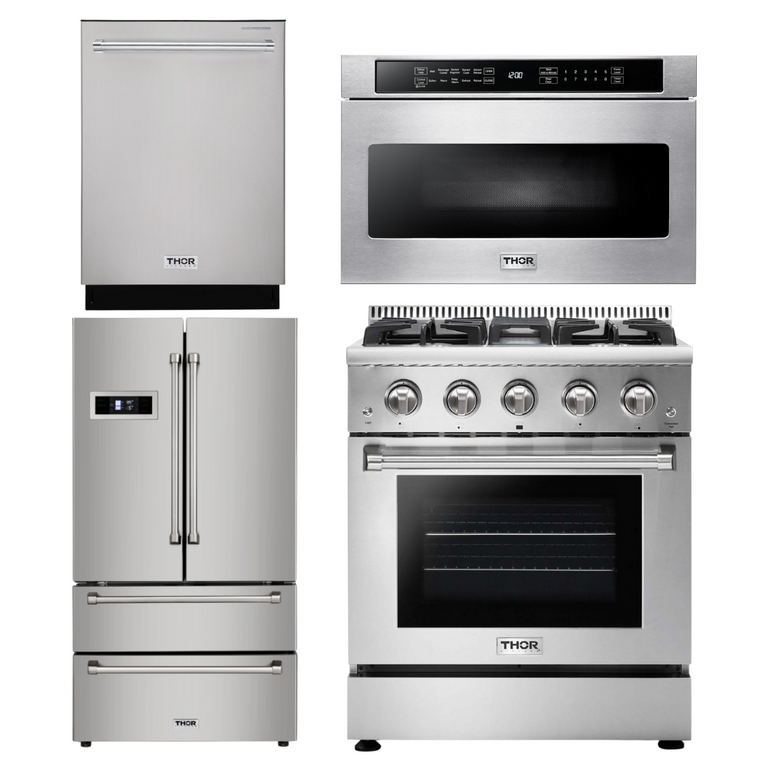 Thor Kitchen Package - 30 in. Professional Gas Range, Microwave Drawer, Refrigerator, Dishwasher