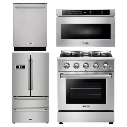 Thor Kitchen Package - 30 in. Professional Gas Range, Microwave Drawer, Refrigerator, Dishwasher