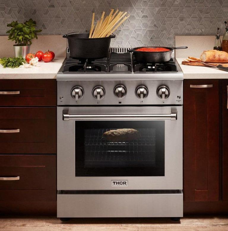 Thor Kitchen Package - 30 in. Professional Gas Range, Range Hood, Microwave Drawer, Refrigerator, Dishwasher