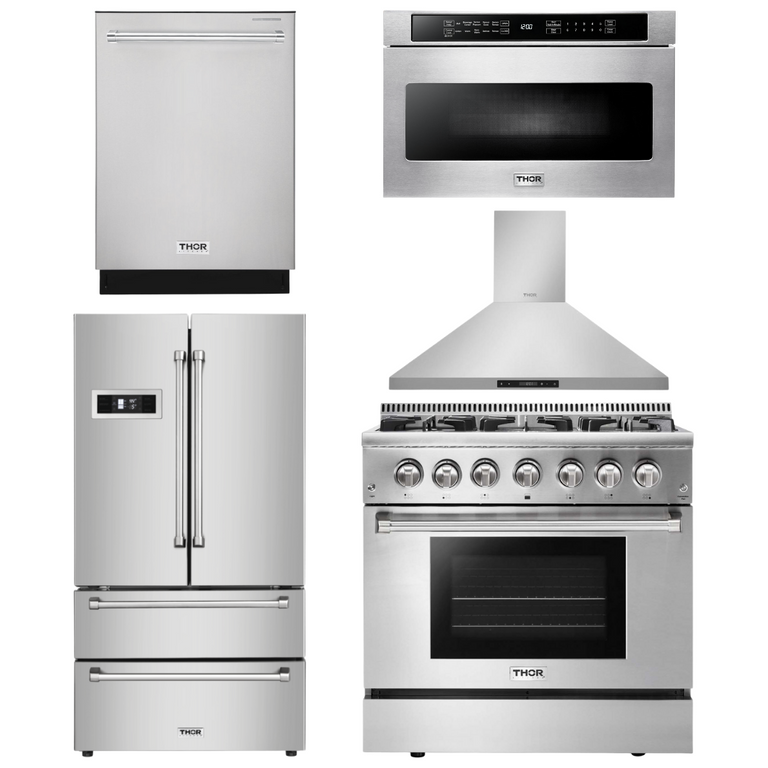 Thor Kitchen Package - 36 in. Gas Burner/Electric Oven Range, Range Hood, Microwave Drawer, Refrigerator, Dishwasher