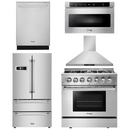 Thor Kitchen Package - 36 in. Gas Burner/Electric Oven Range, Range Hood, Microwave Drawer, Refrigerator, Dishwasher