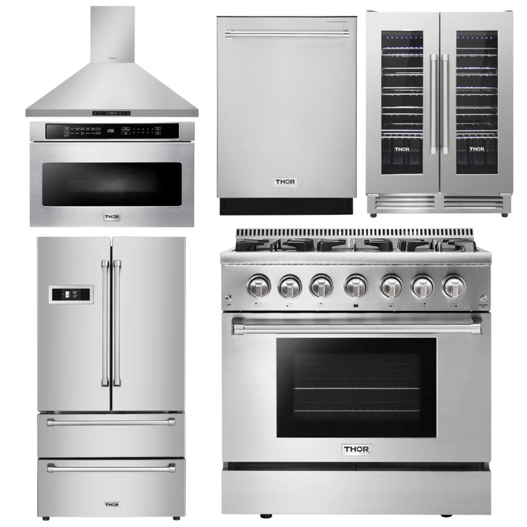 Thor Kitchen Package - 36 in. Gas Burner/Electric Oven Range, Range Hood, Microwave Drawer, Refrigerator, Dishwasher, Wine Cooler 