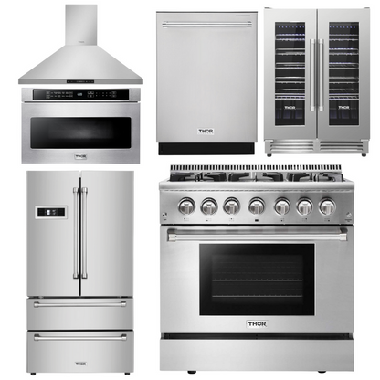 Thor Kitchen Package - 36 in. Gas Burner/Electric Oven Range, Range Hood, Microwave Drawer, Refrigerator, Dishwasher, Wine Cooler 