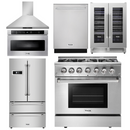 Thor Kitchen Package - 36 in. Gas Burner/Electric Oven Range, Range Hood, Microwave Drawer, Refrigerator, Dishwasher, Wine Cooler 