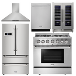 Thor Kitchen Package - 36 in. Gas Burner/Electric Oven Range, Range Hood, Refrigerator, Dishwasher, Wine Cooler 