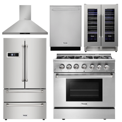 Thor Kitchen Package - 36 in. Gas Burner/Electric Oven Range, Range Hood, Refrigerator, Dishwasher, Wine Cooler 