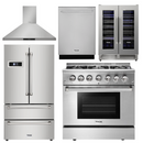 Thor Kitchen Package - 36 in. Gas Burner/Electric Oven Range, Range Hood, Refrigerator, Dishwasher, Wine Cooler 