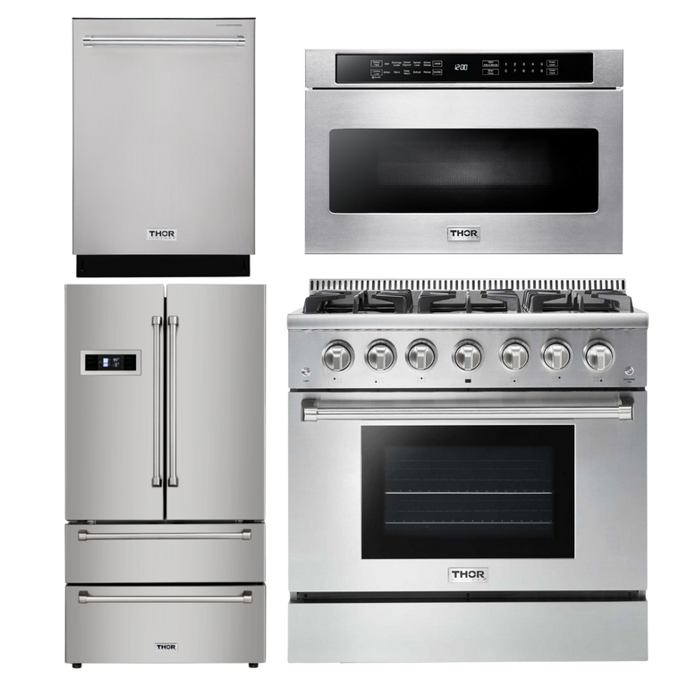 Thor Kitchen Package - 36 in.  Gas Range, Microwave Drawer, Refrigerator, Dishwasher 