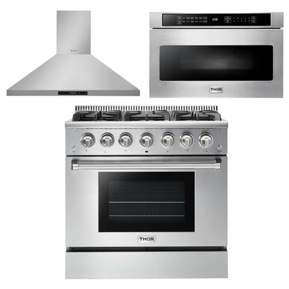Thor Kitchen Package - 36 in. Gas Range, Range Hood, Microwave Drawer