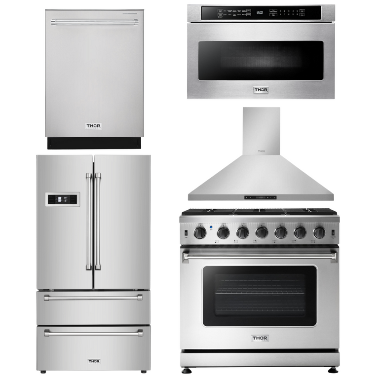 Thor Kitchen Package - 36 in. Gas Range, Range Hood, Microwave Drawer, Refrigerator, Dishwasher