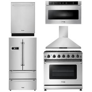 Thor Kitchen Package - 36 in. Gas Range, Range Hood, Microwave Drawer, Refrigerator, Dishwasher