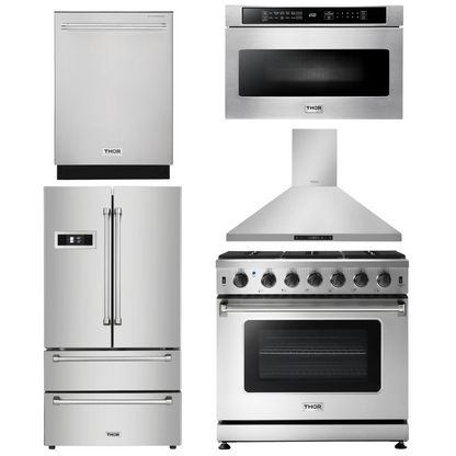 Thor Kitchen Package - 36 in. Gas Range, Range Hood, Microwave Drawer, Refrigerator, Dishwasher