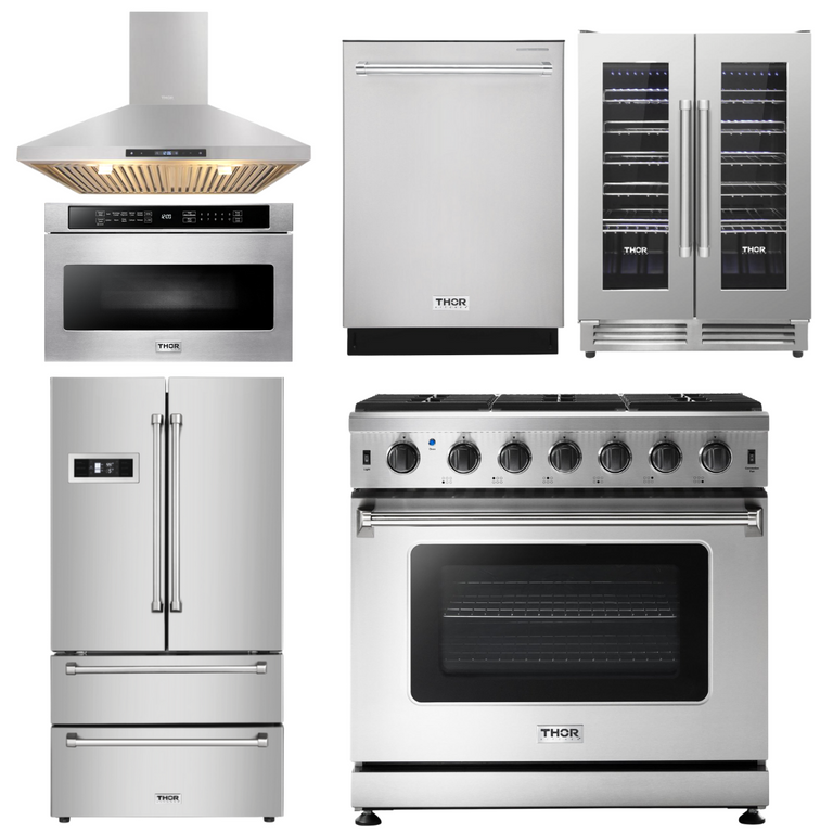 Thor Kitchen Package - 36 in. Gas Range, Range Hood, Microwave Drawer, Refrigerator, Dishwasher, Wine Cooler