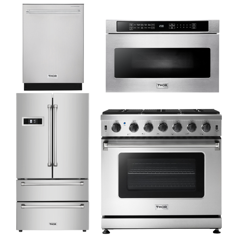 Thor Kitchen Package - 36 in. Natural Gas Range, Microwave Drawer, Refrigerator, Dishwasher 