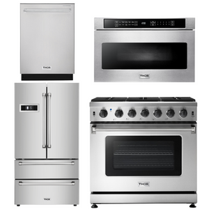 Thor Kitchen Package - 36 in. Natural Gas Range, Microwave Drawer, Refrigerator, Dishwasher 