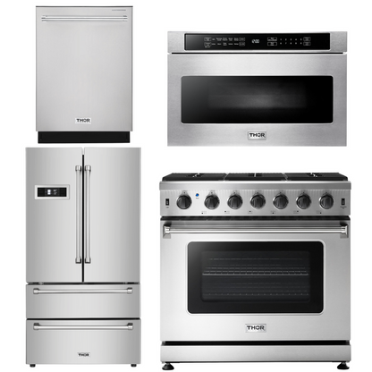 Thor Kitchen Package - 36 in. Natural Gas Range, Microwave Drawer, Refrigerator, Dishwasher 